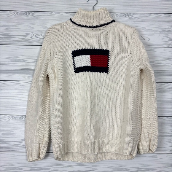 Tommy Hilfiger Sweaters - Tommy Hilfiger Vintage Hand Knit 90’s Cotton Logo Chunky Cowl Neck Sweater Large